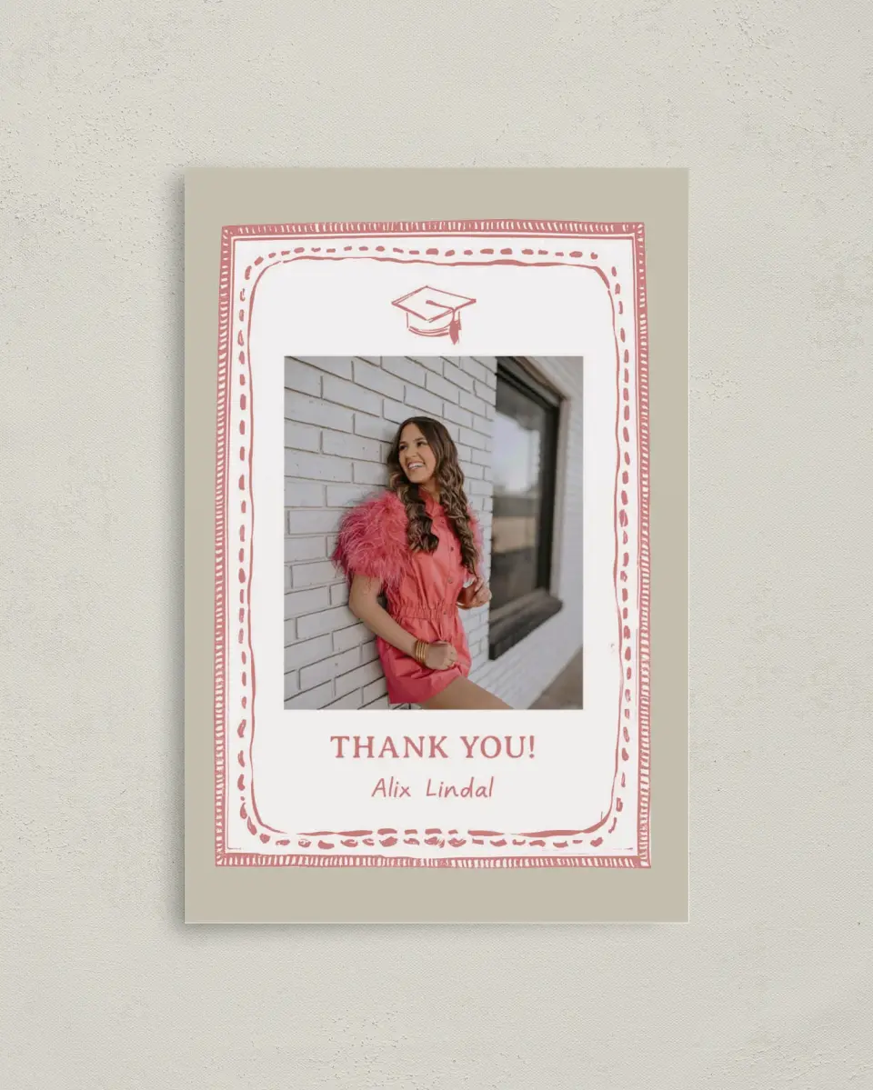 This is a 4" x 6" Folded Graduation Thank You Card called Grad Frame Art printed in full color with Gold foil on Premium Smooth paper