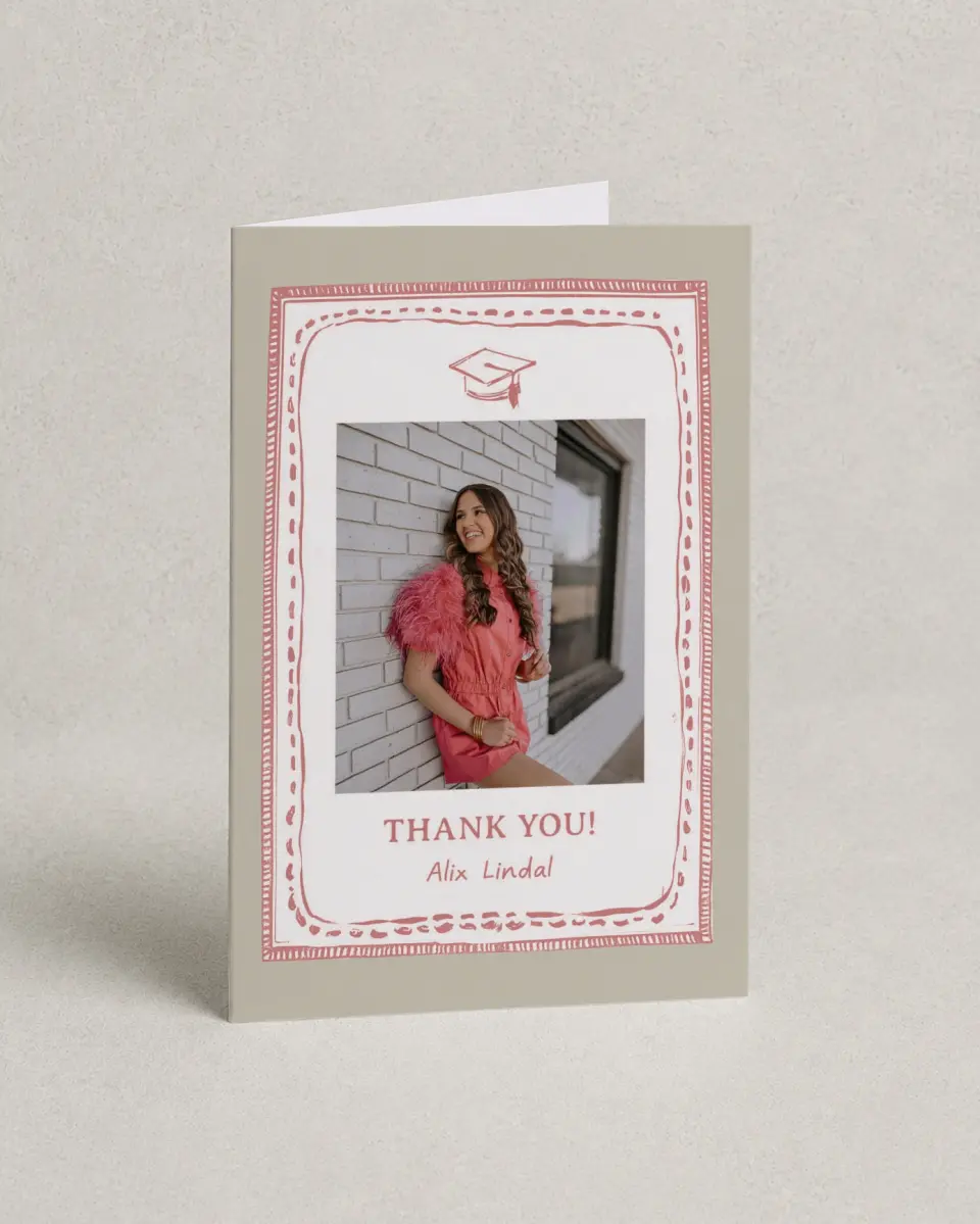 This is a 4" x 6" Folded Graduation Thank You Card called Grad Frame Art printed in full color with Gold foil on Premium Smooth paper
