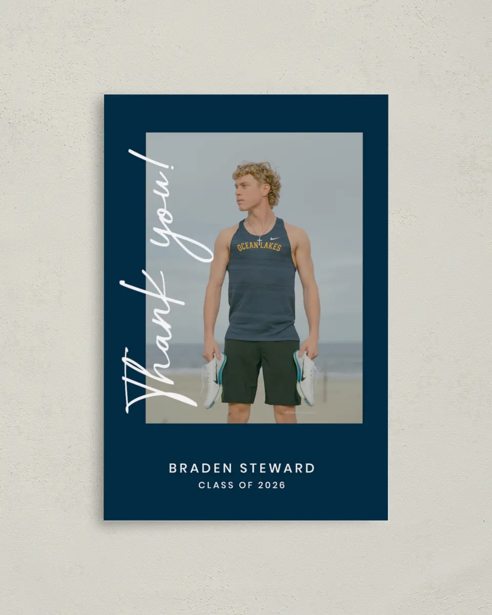 This is a 4" x 6" Folded Graduation Thank You Card called Sporty Grad printed in full color on Premium Smooth paper