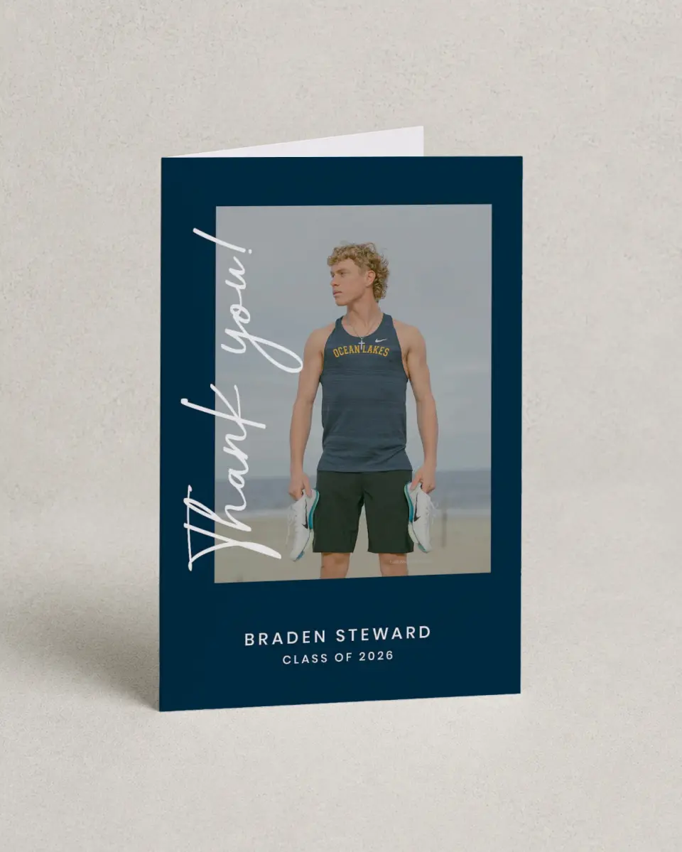 This is a 4" x 6" Folded Graduation Thank You Card called Sporty Grad printed in full color with Rose Gold foil on Luxe Satin (coated) paper
