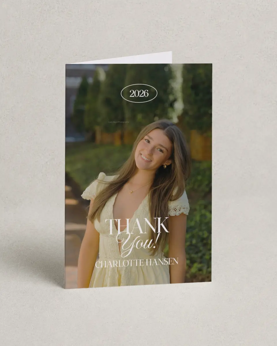 This is a 4" x 6" Folded Graduation Thank You Card called Retro Grad printed in full color on Premium Smooth paper