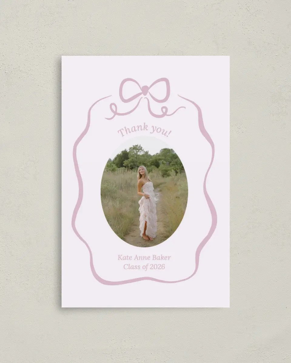 This is a 4" x 6" Folded Graduation Thank You Card called Bow Grad printed in full color with Rose Gold foil on Luxe Satin (coated) paper