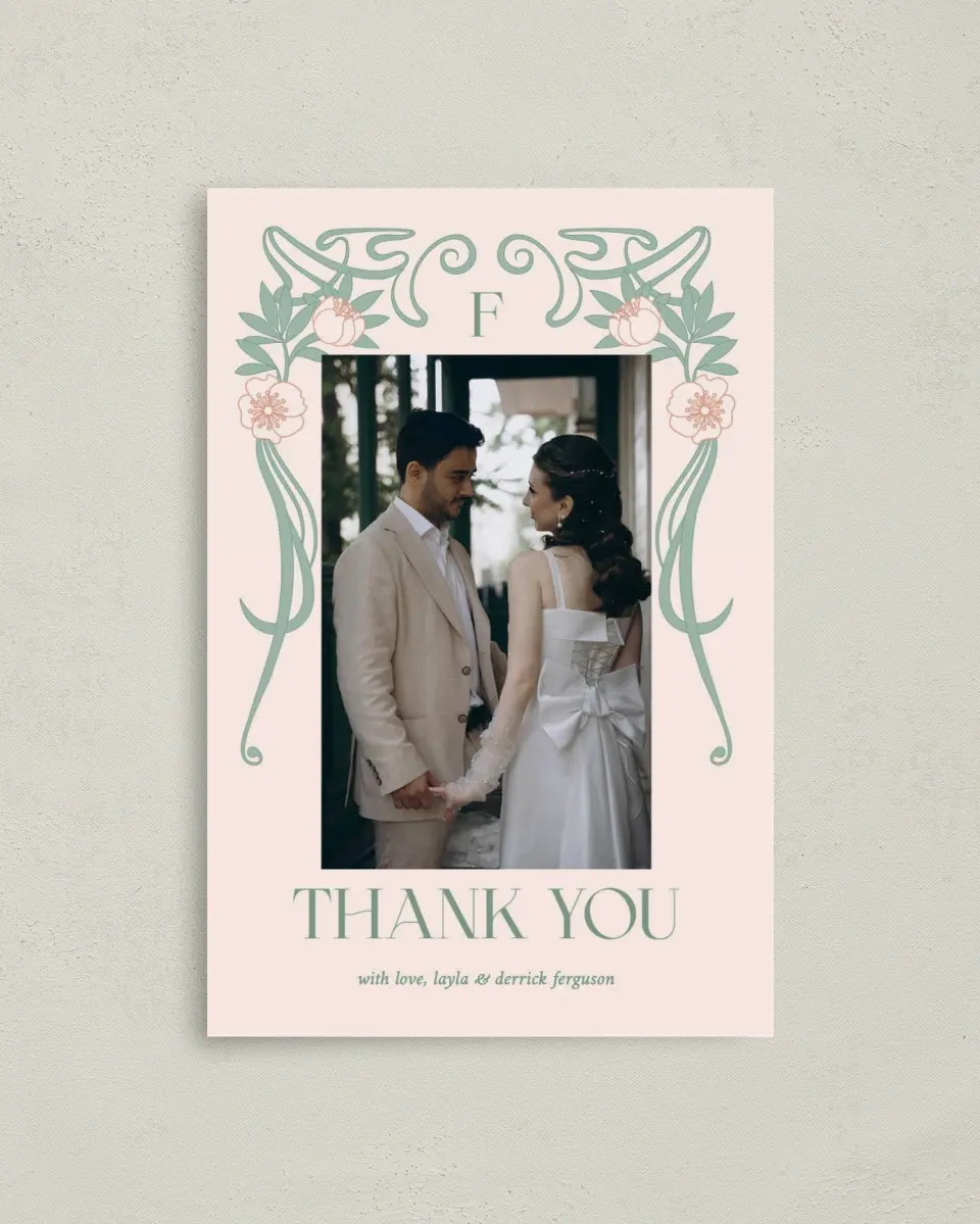 This is a 4" x 6" Folded Thank You Card called Vintage Dream printed in full color with Rose Gold foil on Luxe Satin (coated) paper