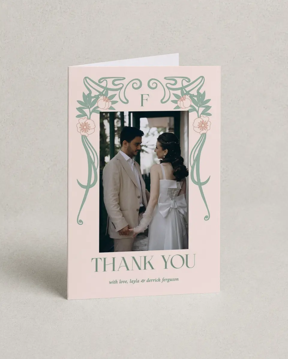 This is a 4" x 6" Folded Thank You Card called Vintage Dream printed in full color on Premium Smooth paper
