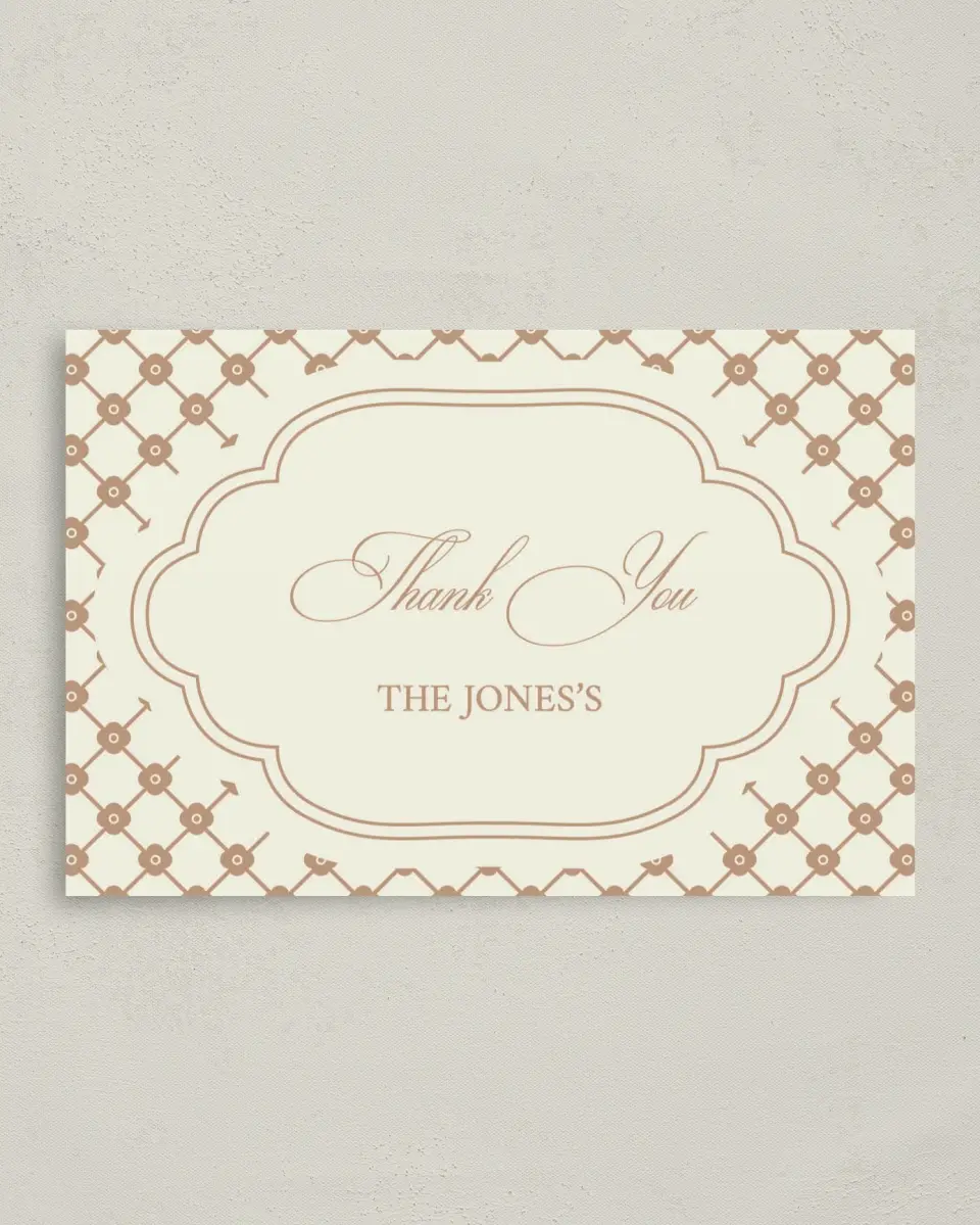 This is a 4" x 6" Folded Thank You Card called Beaded Veil printed in full color with Rose Gold foil on Luxe Satin (coated) paper