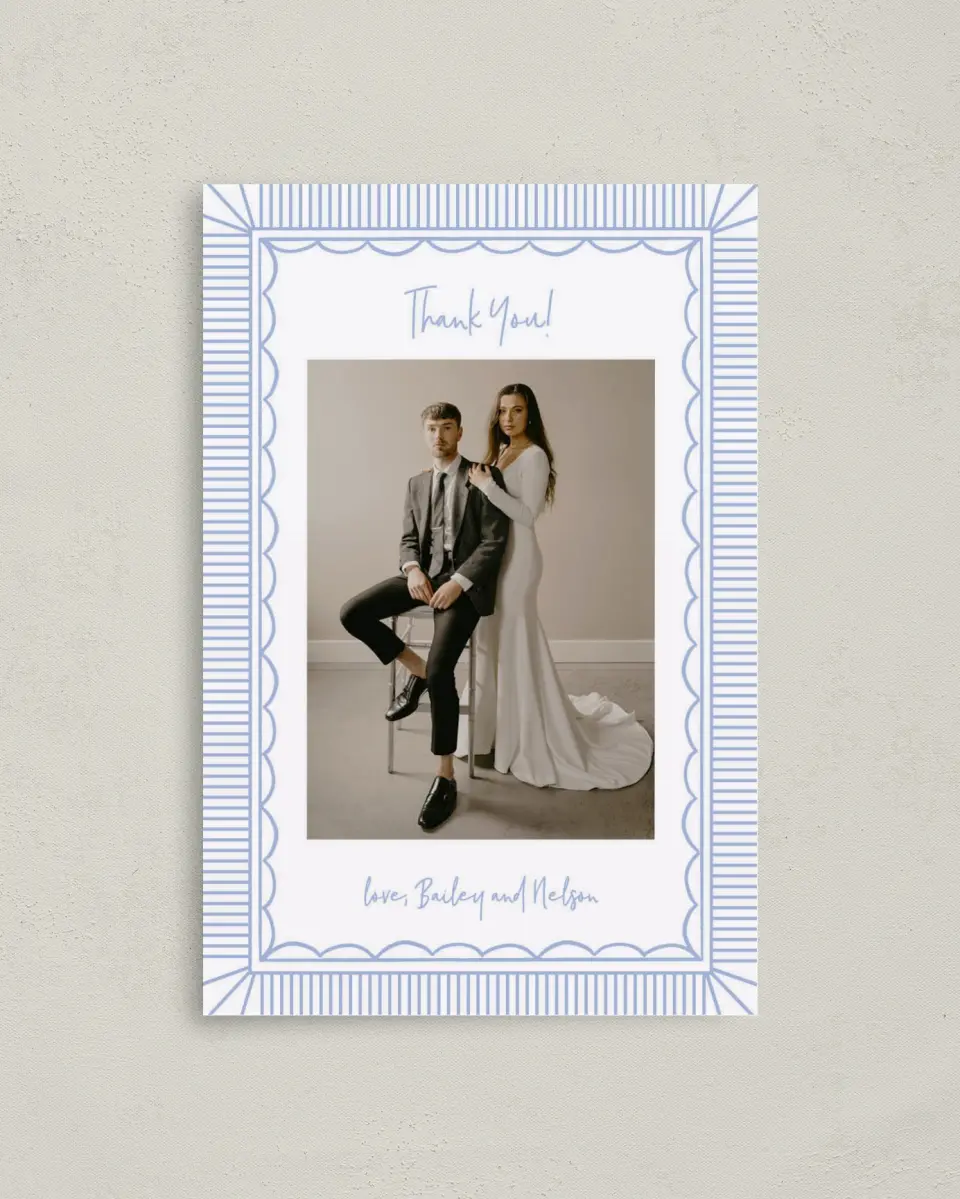 This is a 4" x 6" Folded Thank You Card called Framed in Flowers printed in full color with Rose Gold foil on Luxe Satin (coated) paper