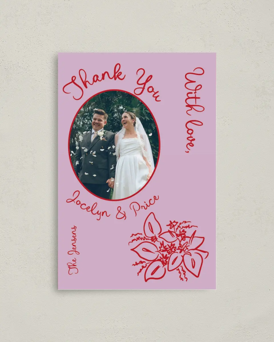 This is a 4" x 6" Folded Thank You Card called Flourishing Love printed in full color with Rose Gold foil on Luxe Satin (coated) paper