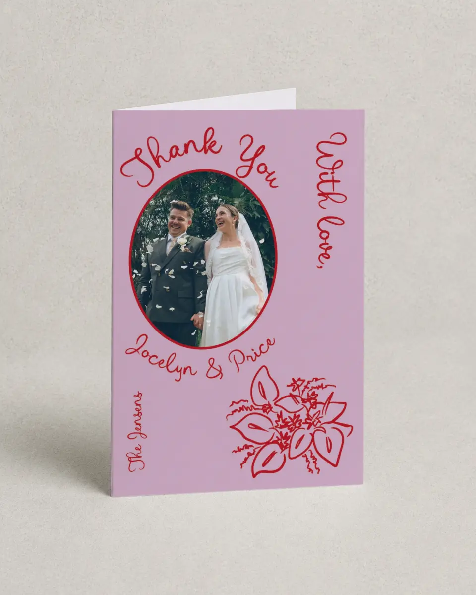 This is a 4" x 6" Folded Thank You Card called Flourishing Love printed in full color on Premium Smooth paper