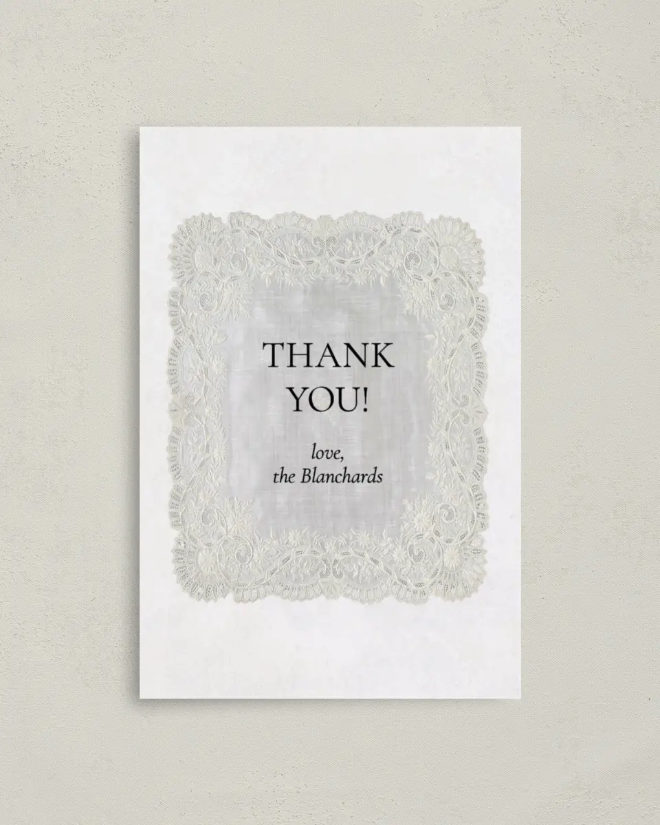 This is a 4" x 6" Folded Thank You Card called Trimmed Lace printed in full color with Rose Gold foil on Luxe Satin (coated) paper