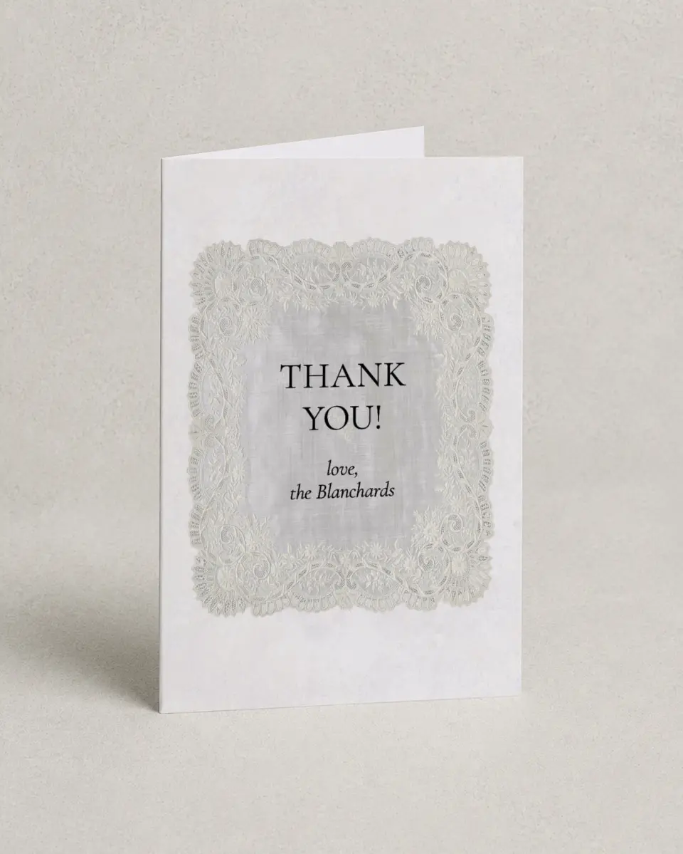 This is a 4" x 6" Folded Thank You Card called Trimmed Lace printed in full color on Premium Smooth paper