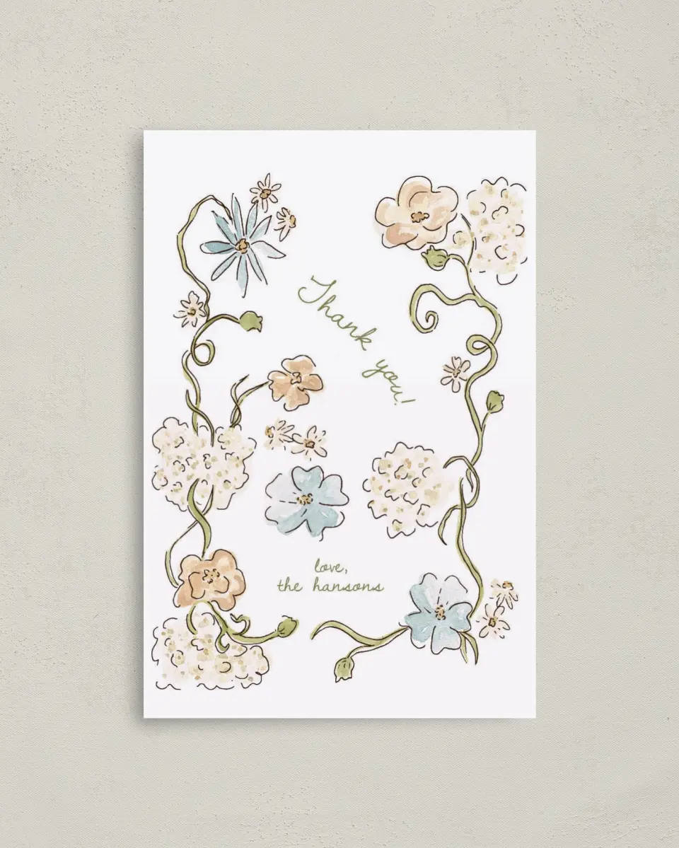 This is a 4" x 6" Folded Thank You Card called Soft Garden Vows printed in full color with Rose Gold foil on Luxe Satin (coated) paper
