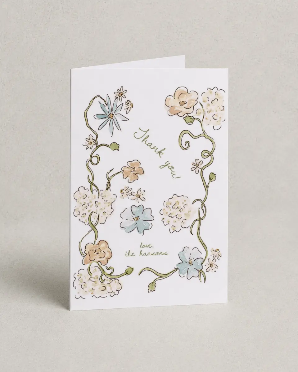 This is a 4" x 6" Folded Thank You Card called Soft Garden Vows printed in full color on Premium Smooth paper