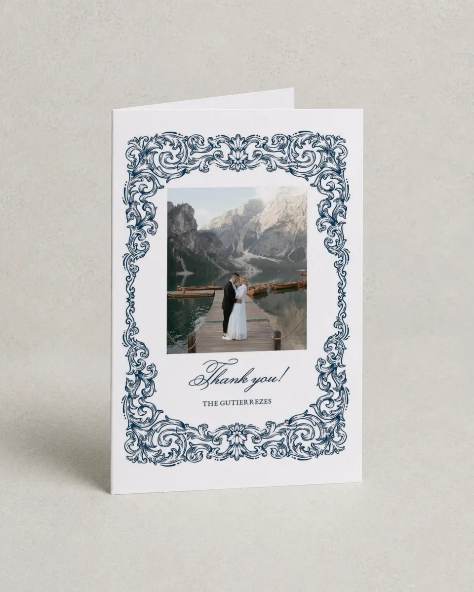 This is a 4" x 6" Folded Thank You Card called Heirloom Crest printed in full color on Premium Smooth paper