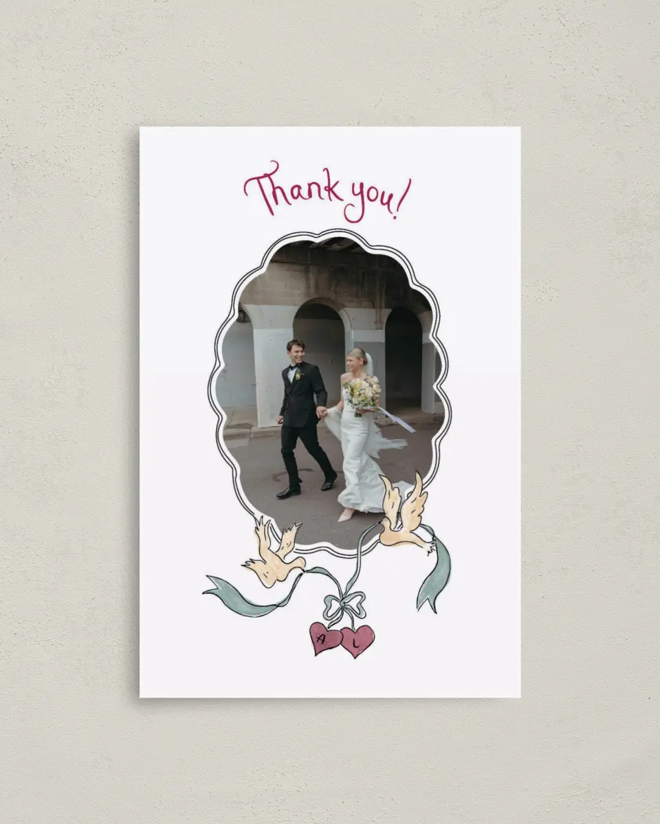This is a 4" x 6" Folded Thank You Card called Love Dove printed in full color with Rose Gold foil on Luxe Satin (coated) paper