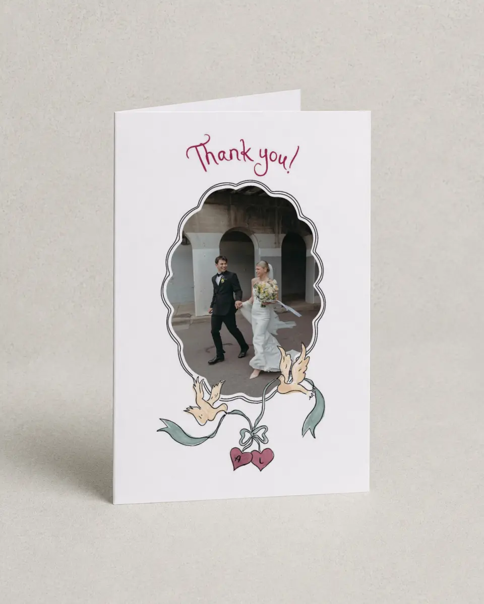 This is a 4" x 6" Folded Thank You Card called Love Dove printed in full color with Gold foil on Luxe Satin (coated) paper
