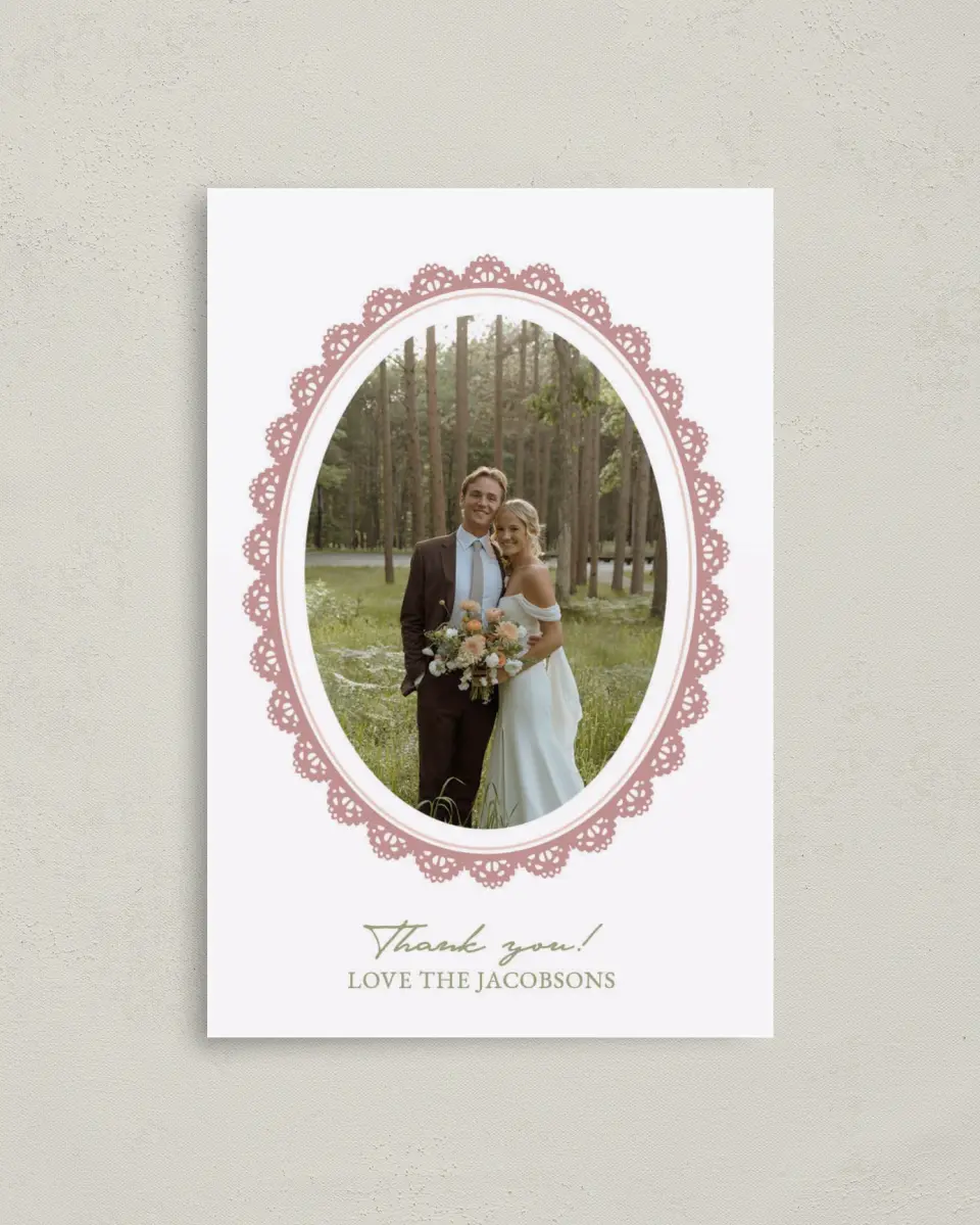 This is a 4" x 6" Folded Thank You Card called Verdant Romance printed in full color with Rose Gold foil on Luxe Satin (coated) paper