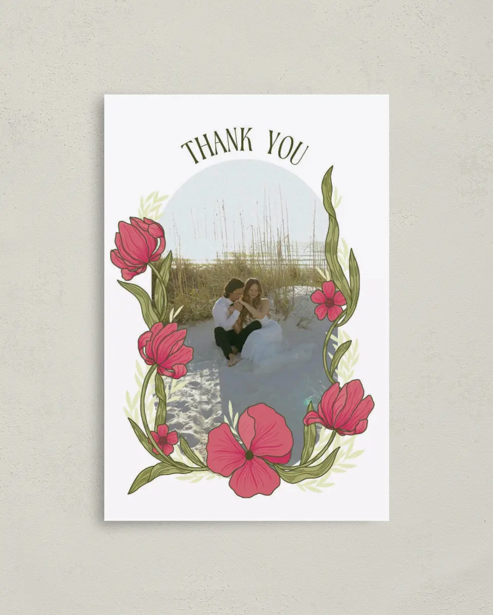 This is a 4" x 6" Folded Thank You Card called Nouveau Romance printed in full color on Premium Smooth paper