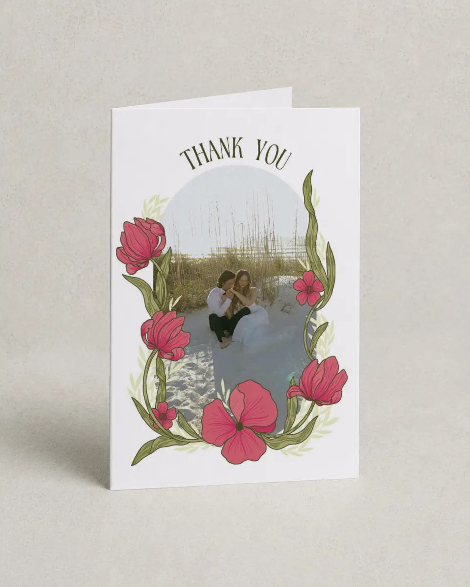 This is a 4" x 6" Folded Thank You Card called Nouveau Romance printed in full color on Premium Smooth paper