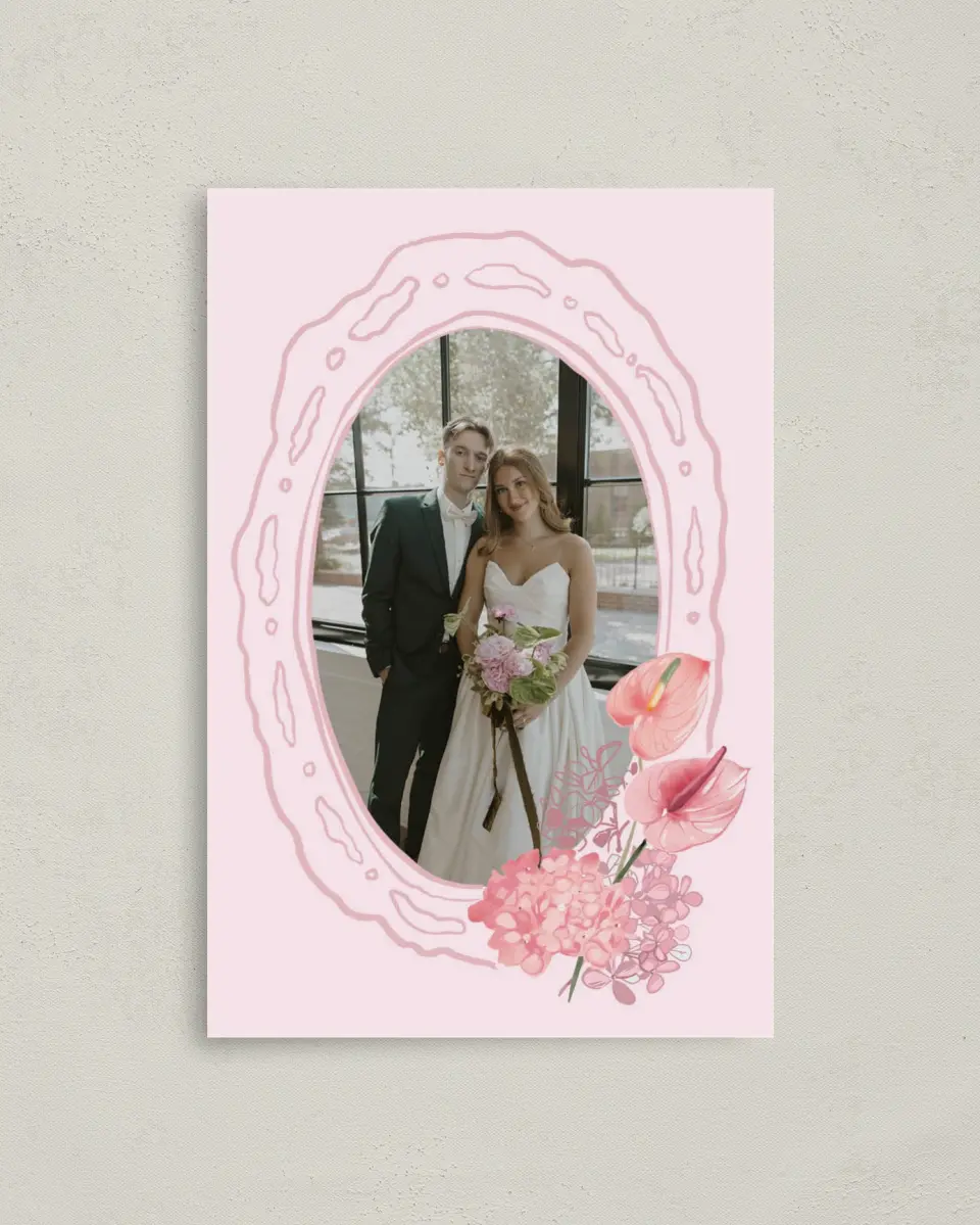 This is a 4" x 6" Folded Thank You Card called Blushing Whimsy printed in full color on Premium Smooth paper