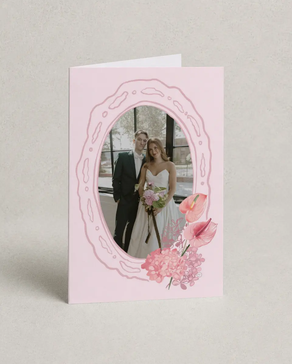 This is a 4" x 6" Folded Thank You Card called Blushing Whimsy printed in full color on Premium Smooth paper