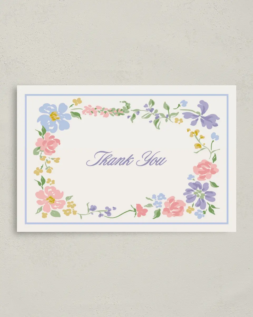 This is a 4" x 6" Folded Thank You Card called Gentle Garden printed in full color with Rose Gold foil on Luxe Satin (coated) paper