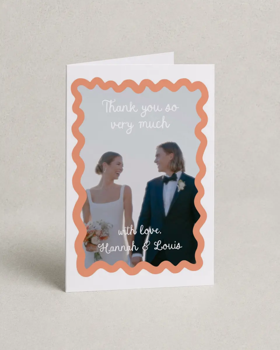 This is a 4" x 6" Folded Thank You Card called Wavy Love printed in full color on Premium Smooth paper