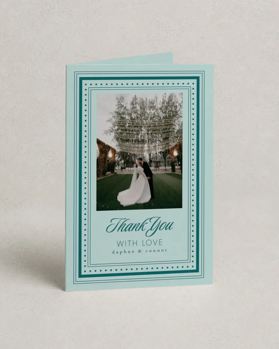 This is a 4" x 6" Folded Thank You Card called Faithful Frame printed in full color on Premium Smooth paper