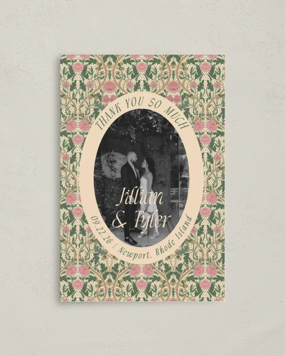 This is a 4" x 6" Folded Thank You Card called Regal Garden printed in full color with Rose Gold foil on Luxe Satin (coated) paper