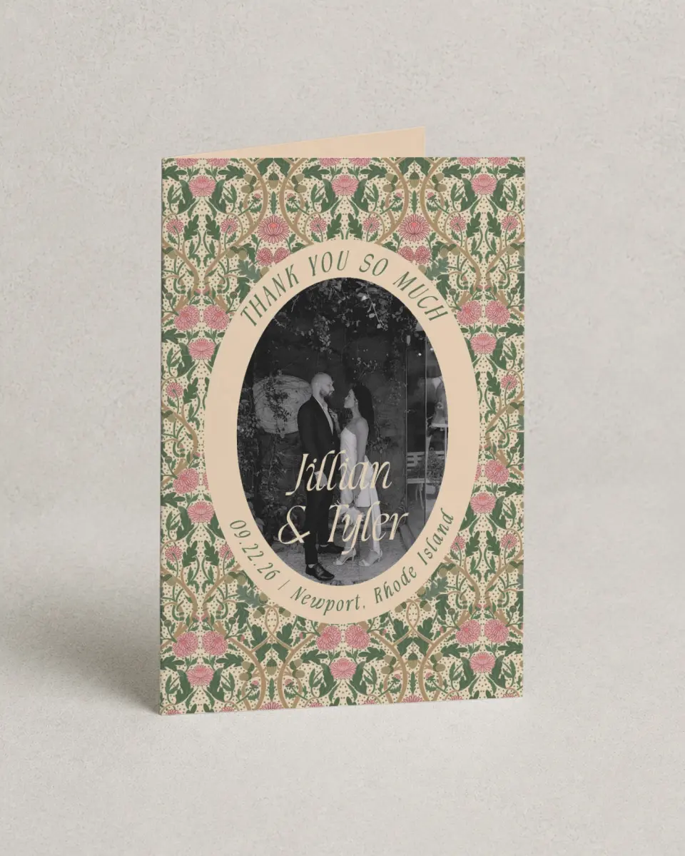 This is a 4" x 6" Folded Thank You Card called Regal Garden printed in full color on Premium Smooth paper