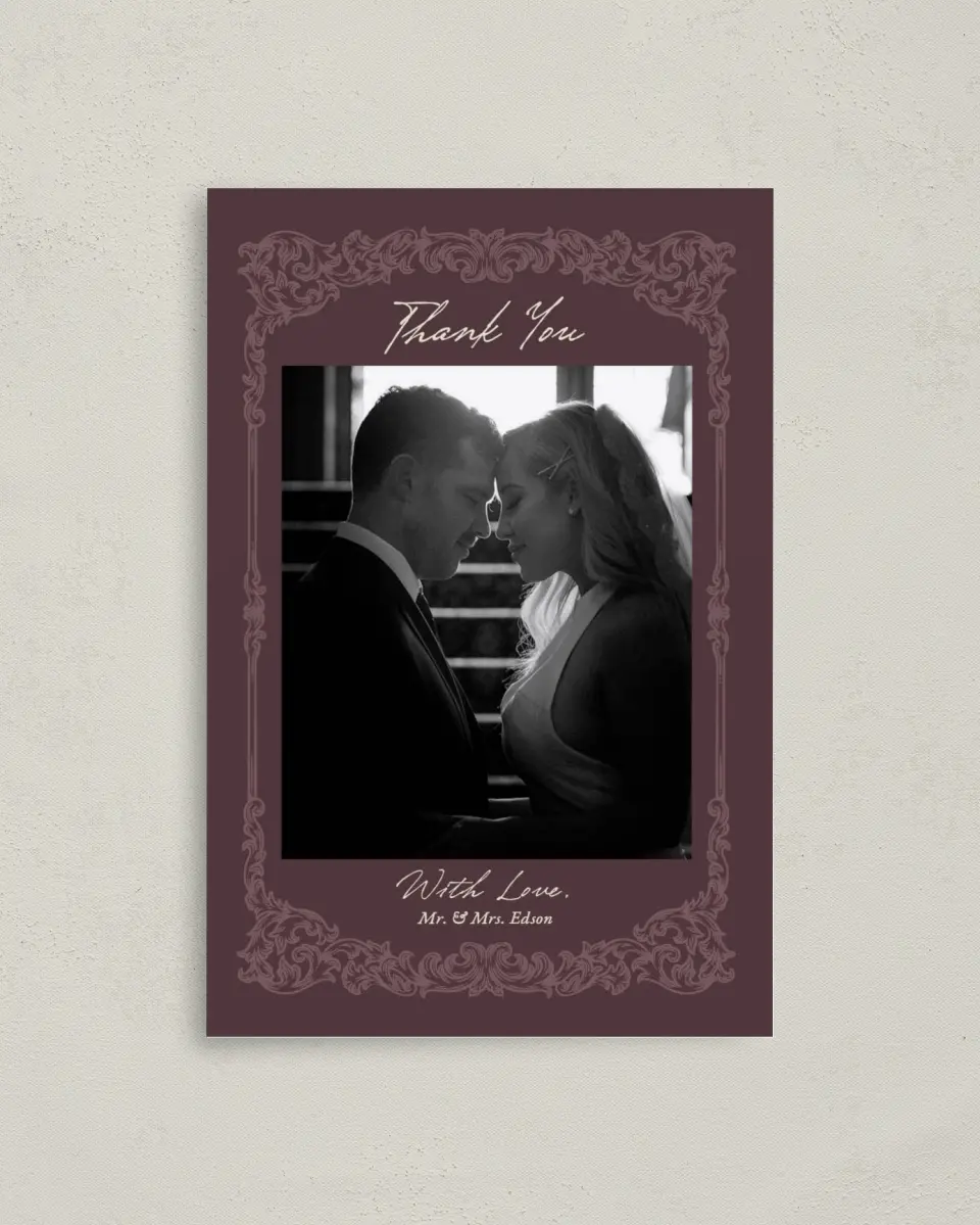 This is a 4" x 6" Folded Thank You Card called Victorian Aura printed in full color with Rose Gold foil on Luxe Satin (coated) paper