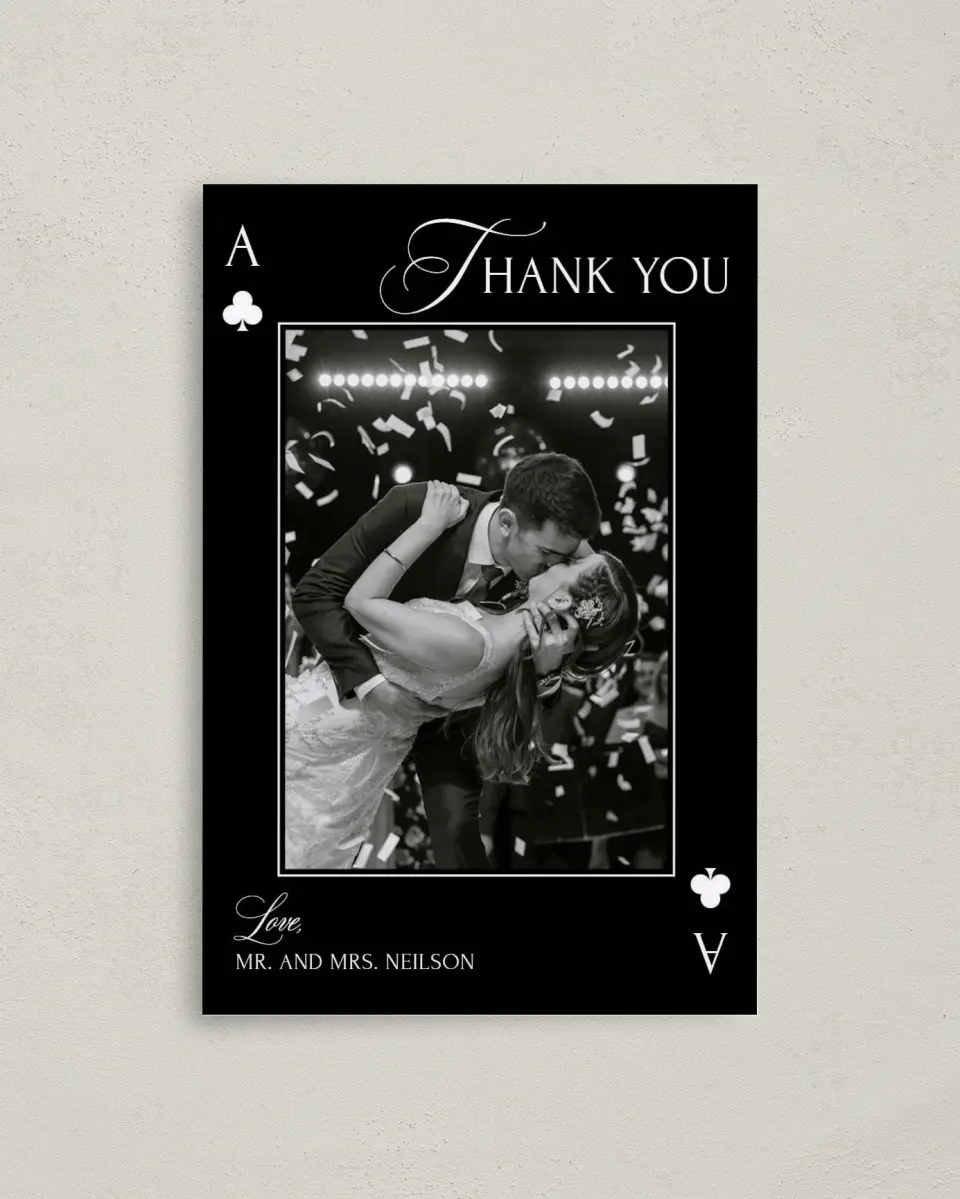 This is a 4" x 6" Folded Thank You Card called Elevated Vegas printed in full color with Rose Gold foil on Luxe Satin (coated) paper