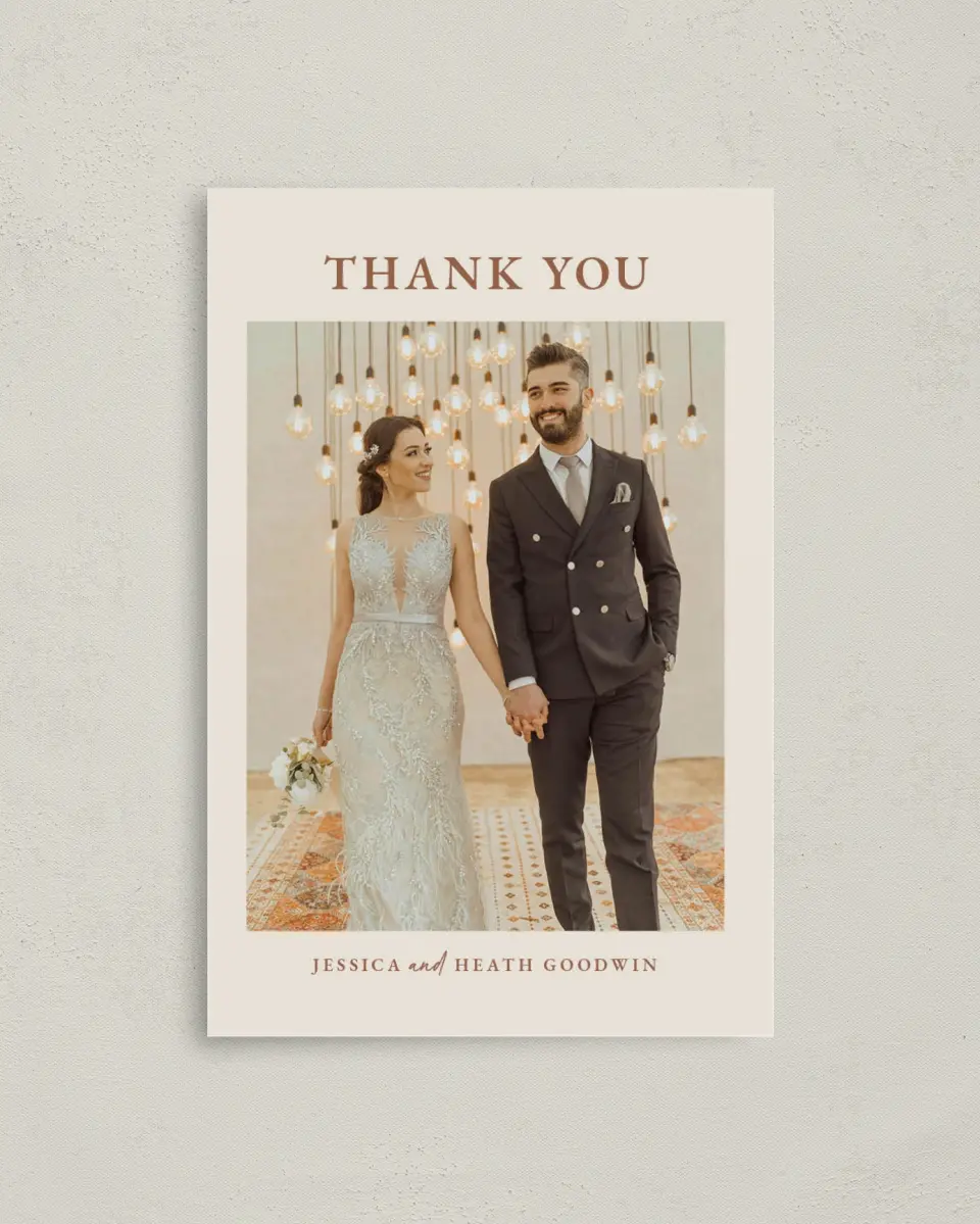 This is a 4" x 6" Folded Thank You Card called Plush Petals printed in full color with Rose Gold foil on Luxe Satin (coated) paper