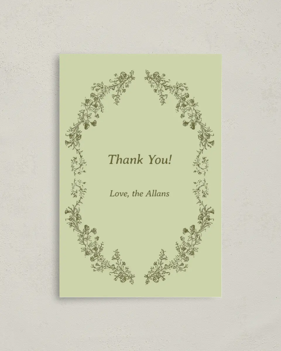 This is a 4" x 6" Folded Thank You Card called Vintage Chinoiserie printed in full color with Gold foil on Luxe Satin (coated) paper