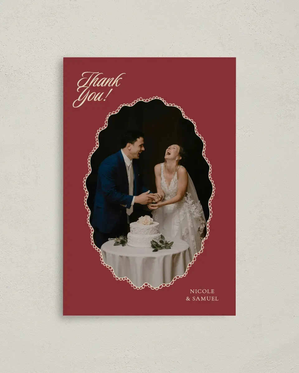 This is a 4" x 6" Folded Thank You Card called Bloom & Crest printed in full color with Rose Gold foil on Luxe Satin (coated) paper