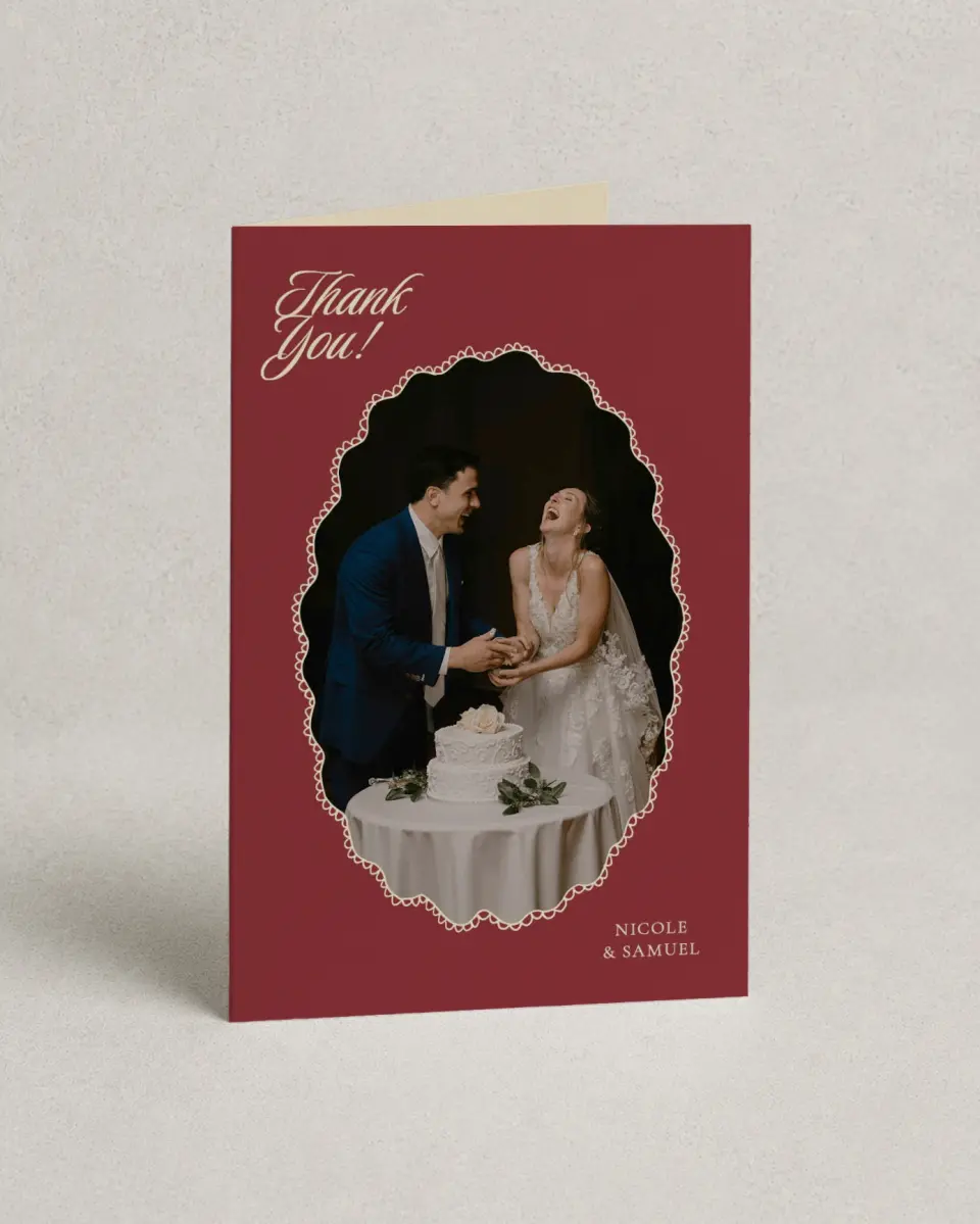 This is a 4" x 6" Folded Thank You Card called Bloom & Crest printed in full color on Premium Smooth paper