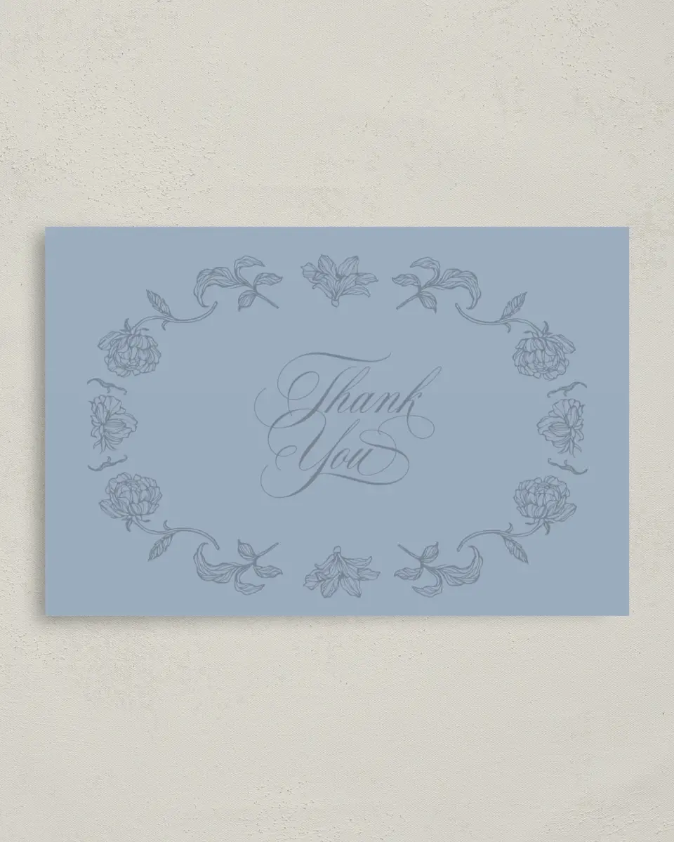 This is a 4" x 6" Folded Thank You Card called Pressed Petals printed in full color with Rose Gold foil on Luxe Satin (coated) paper