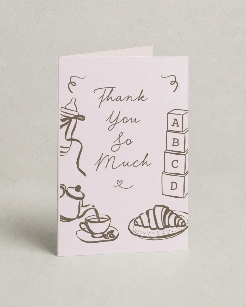 This is a 4" x 6" Folded Baby Shower Thank You Card called Cafe Bebe printed in full color with Gold foil on Luxe Satin (coated) paper