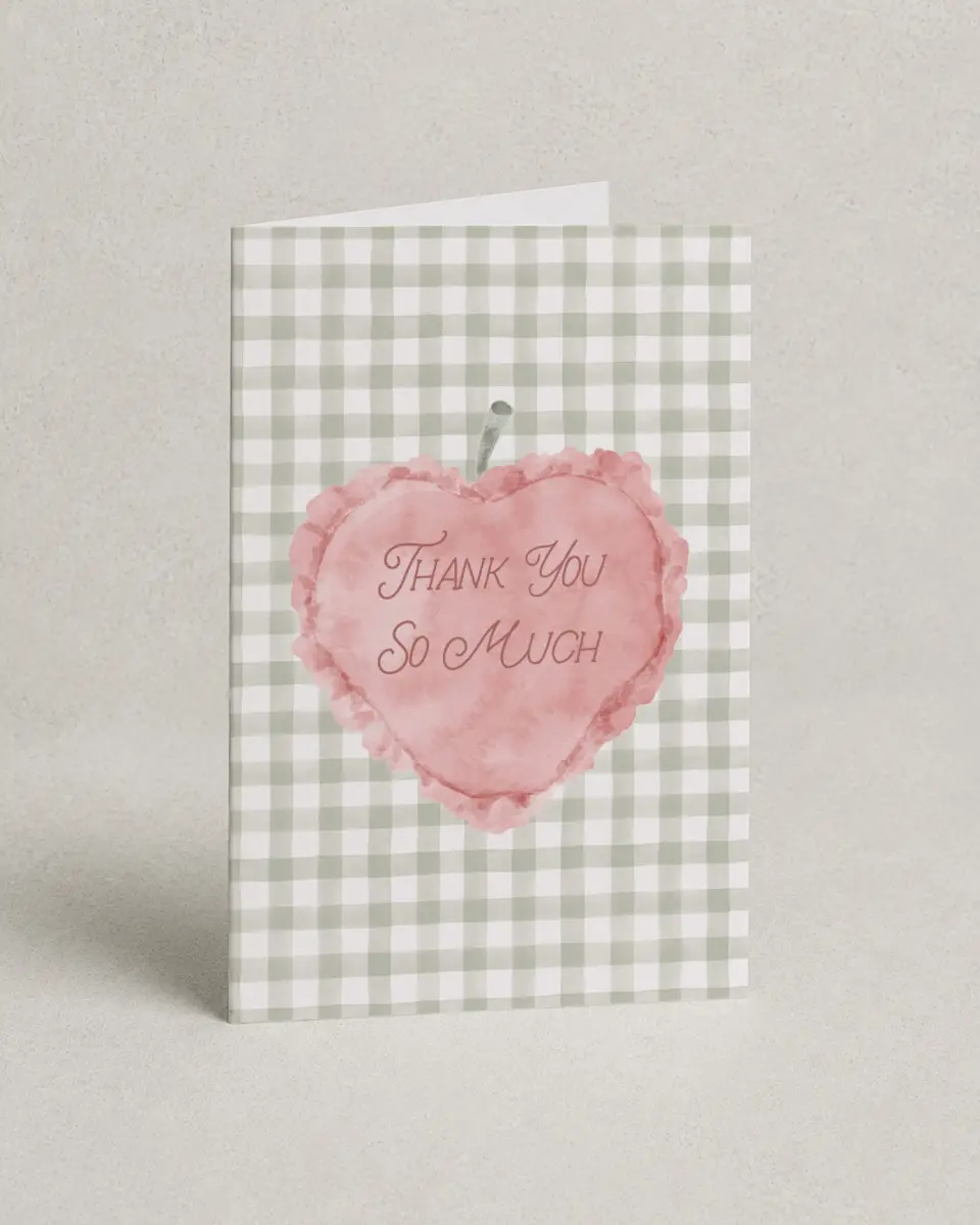 This is a 4" x 6" Folded Baby Shower Thank You Card called Apple of Our Eye printed in full color on Premium Smooth paper
