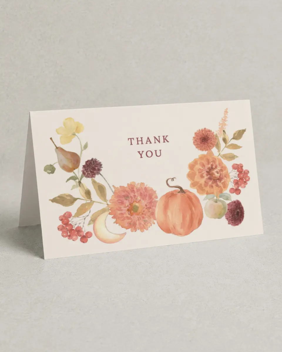 This is a 4" x 6" Folded Baby Shower Thank You Card called Harvest Moon printed in full color on Premium Smooth paper