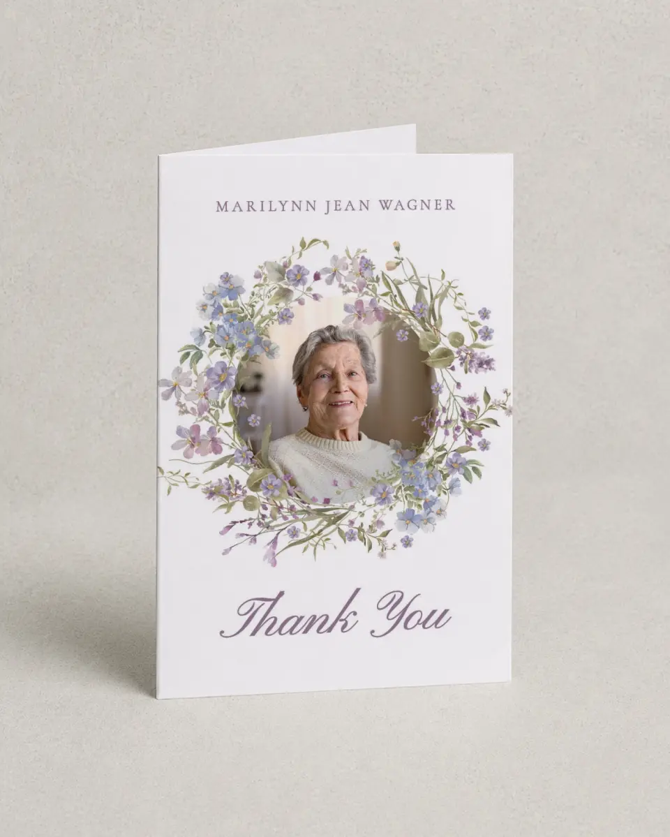 This is a 4" x 6" Folded Funeral Thank You Card called Forever Blooming printed in full color on Premium Smooth paper
