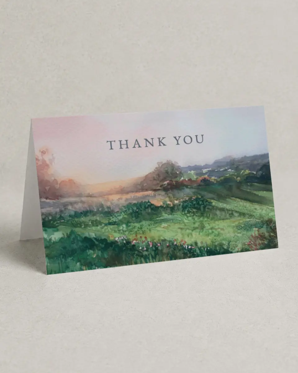 This is a 4" x 6" Folded Funeral Thank You Card called Peaceful Horizon printed in full color on Premium Smooth paper