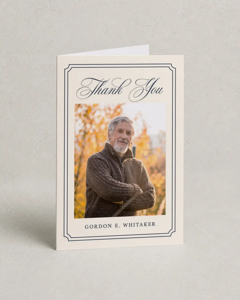 This is a 4" x 6" Folded Funeral Thank You Card called Framed Remembrance printed in full color on Premium Smooth paper