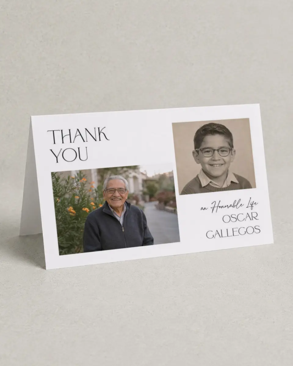 This is a 4" x 6" Folded Funeral Thank You Card called Honorable Life printed in full color on Premium Smooth paper