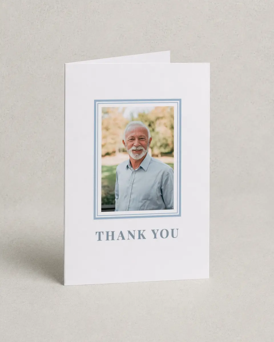 This is a 4" x 6" Folded Funeral Thank You Card called Forever in Frame printed in full color on Premium Smooth paper