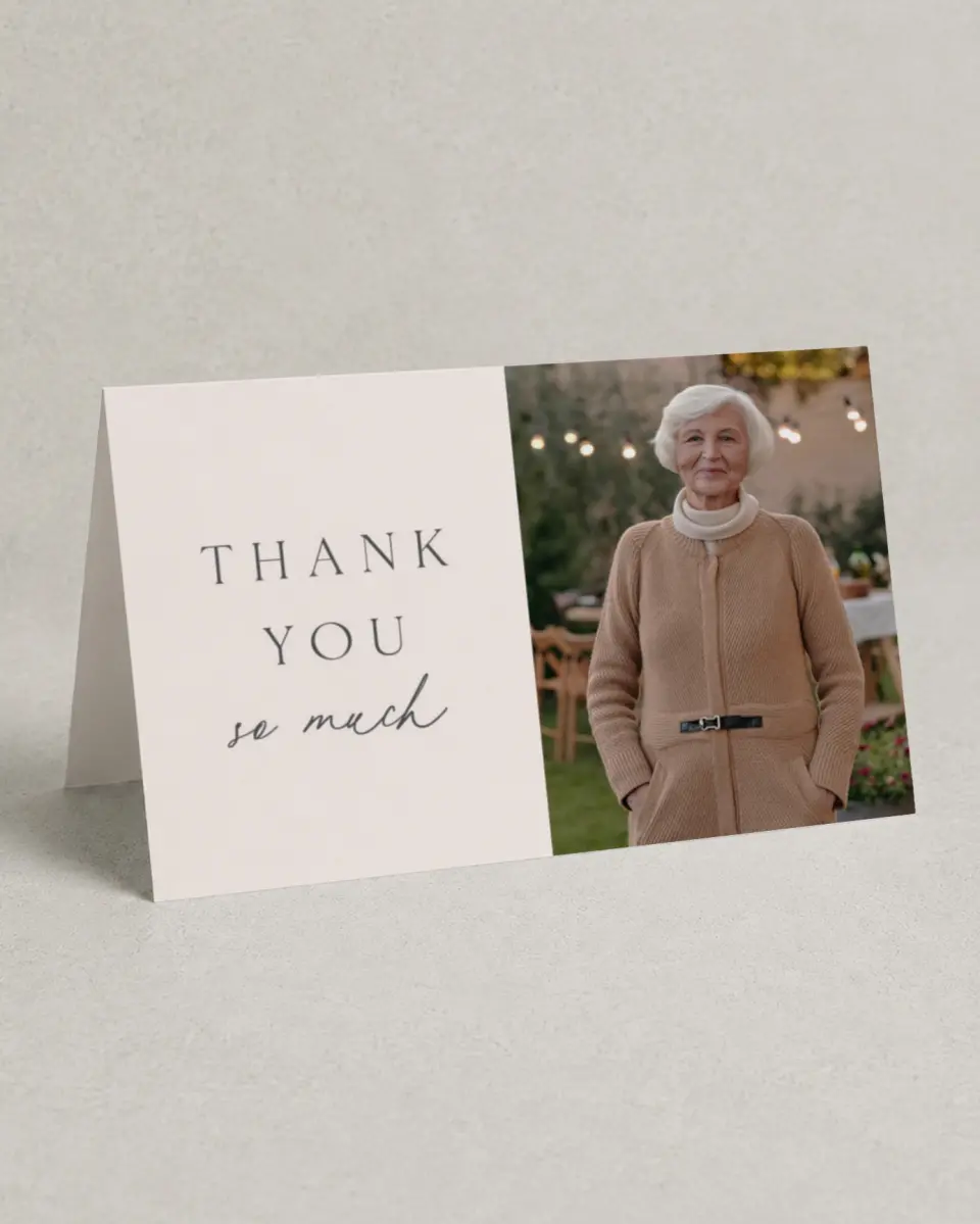 This is a 4" x 6" Folded Funeral Thank You Card called Cherished Life printed in full color on Premium Smooth paper
