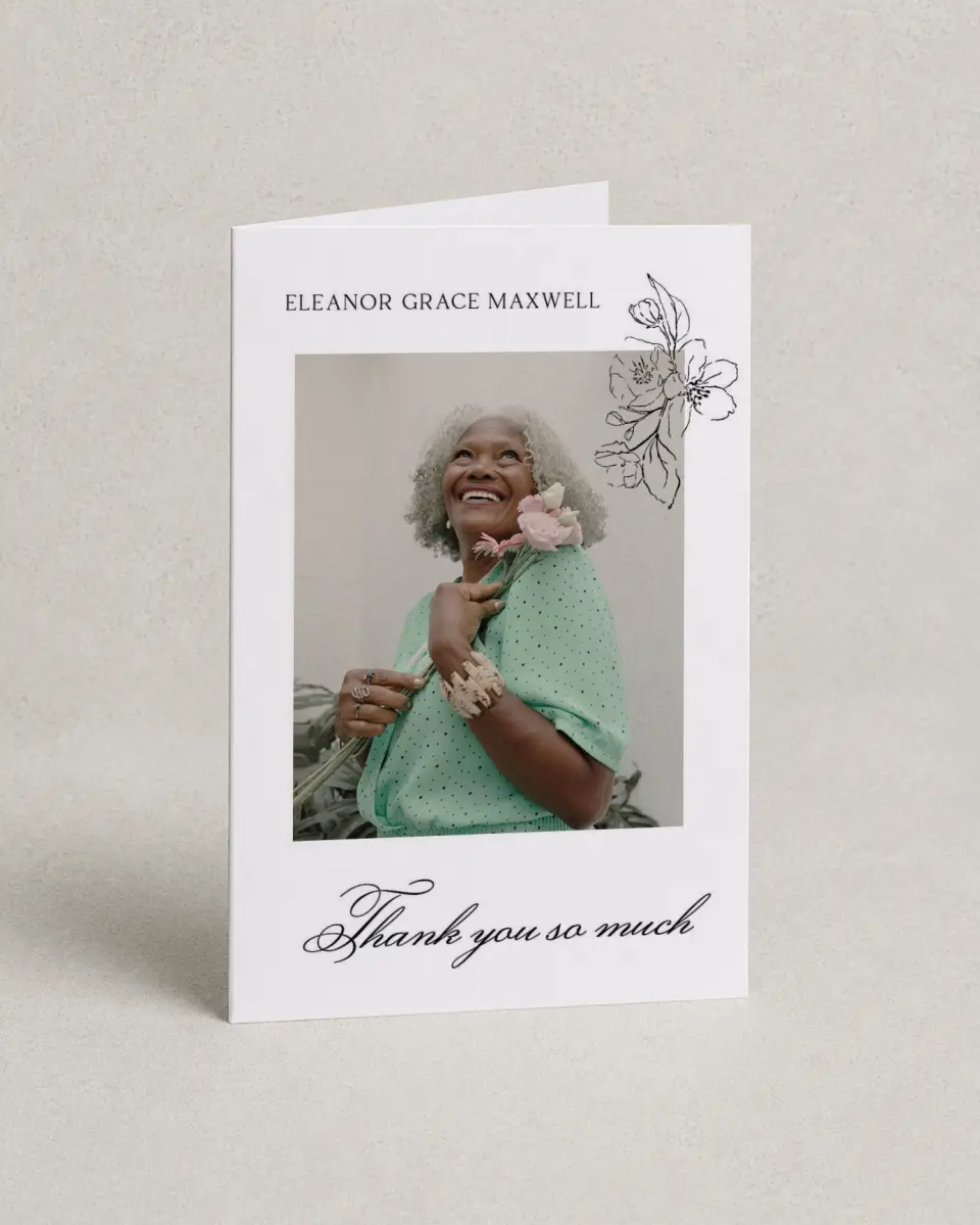 This is a 4" x 6" Folded Funeral Thank You Card called Peaceful Petals printed in full color on Premium Smooth paper