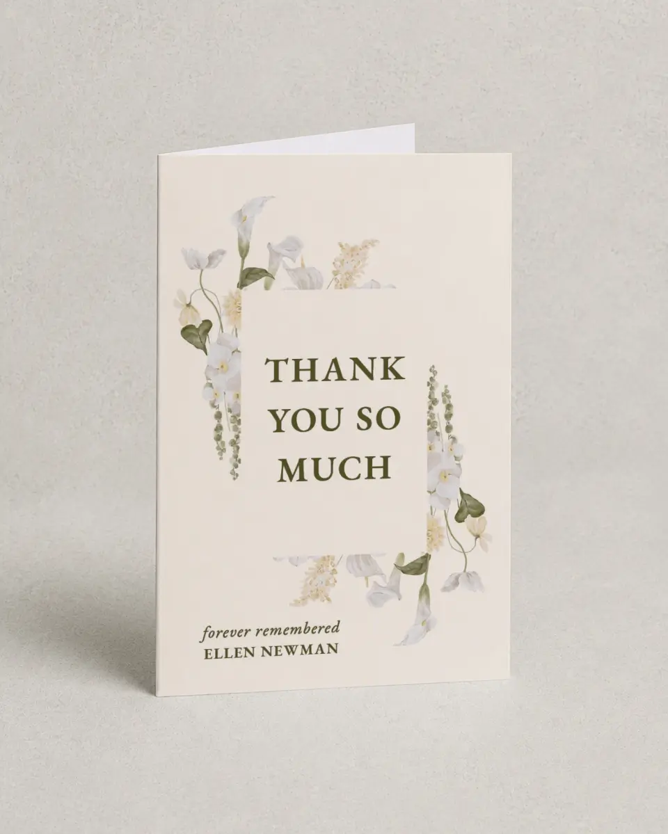 This is a 4" x 6" Folded Funeral Thank You Card called Lovely Lilies printed in full color on Premium Smooth paper