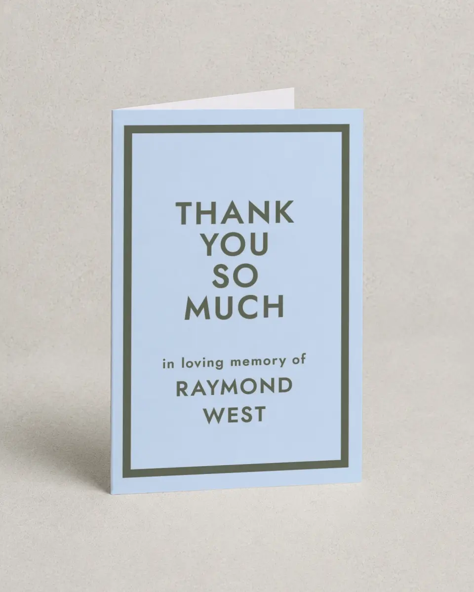 This is a 4" x 6" Folded Funeral Thank You Card called Typed Memories printed in full color on Premium Smooth paper