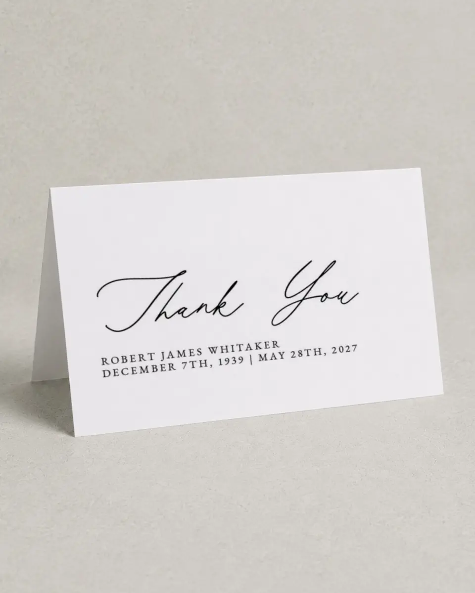 This is a 4" x 6" Folded Funeral Thank You Card called Held & Loved printed in full color on Premium Smooth paper