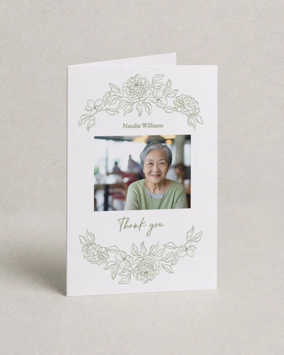 This is a 4" x 6" Folded Funeral Thank You Card called Forever Flourishing printed in full color on Premium Smooth paper